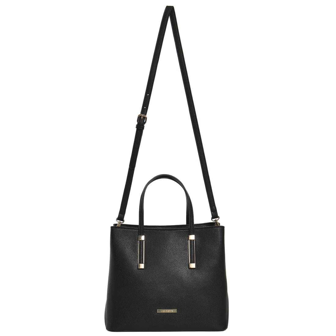 Bolsa tote feminina preta Via Marte com alças ajustáveis e detalhes metálicos dourados